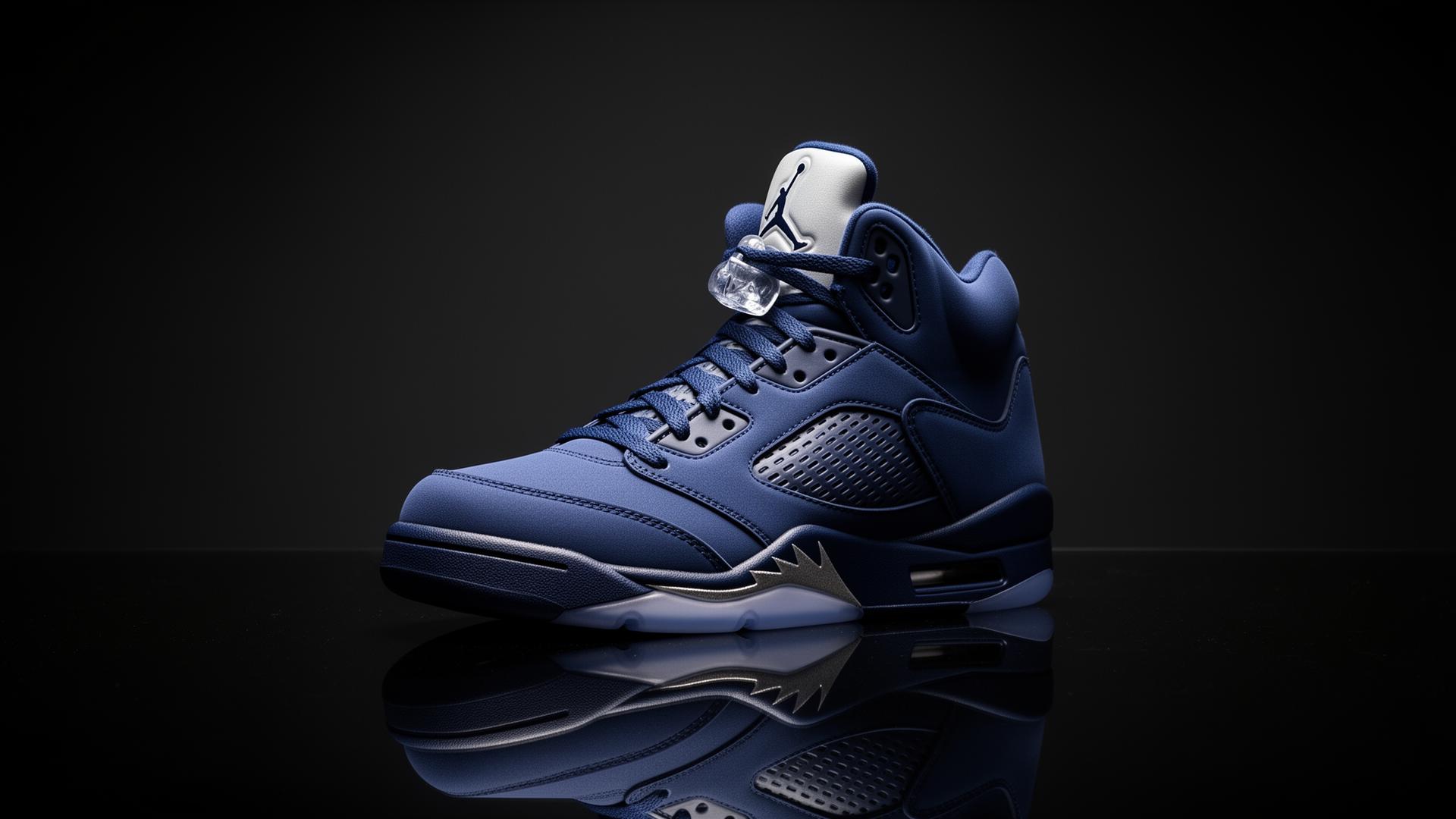 AZ TENIS — Air Jordan 5 azul marino sobre pedestal minimalista