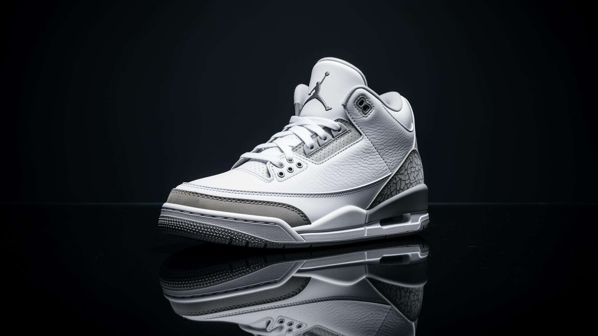 AZ TENIS — Air Jordan 3 blanco y gris sobre podio de mármol