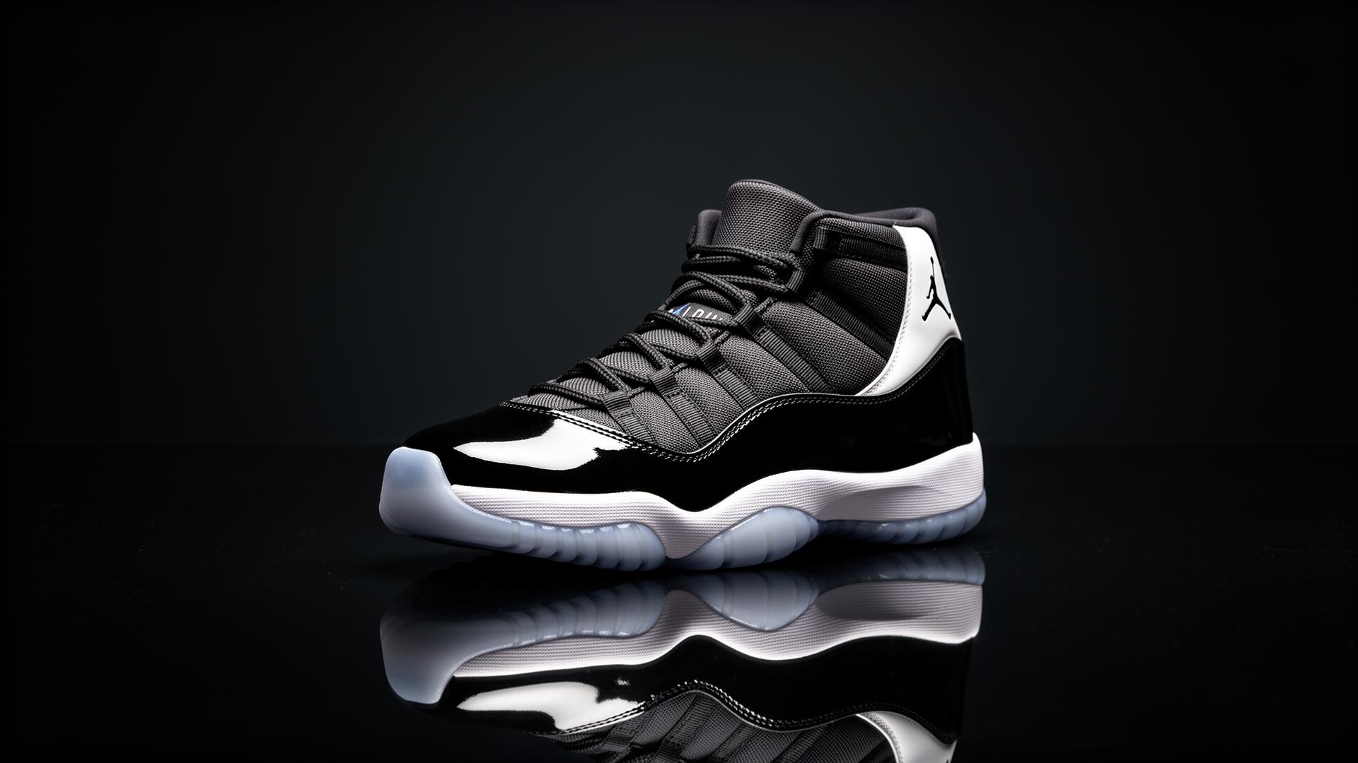 AZ TENIS — Air Jordan 11 negro y blanco sobre vidrio reflectante